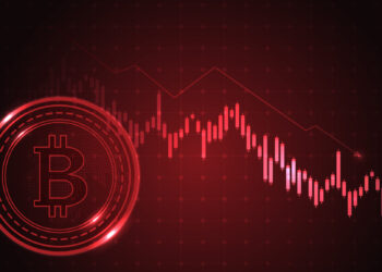 A glowing red Bitcoin symbol is featured on the left side of a dark red background. Behind it, a candlestick chart trending downward represents the decline in Bitcoin's value. The chart, emblazoned with "Bitcoin Price Plunges," has multiple red candlesticks indicating a bearish market trend. | FintechZoom