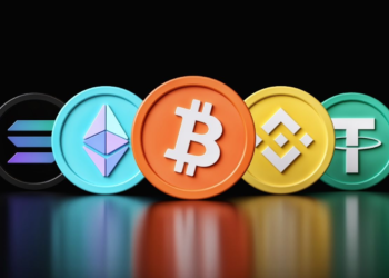 An image displays five cryptocurrency logos: Solana (left), Ethereum (second from left), Bitcoin (center), Binance Coin (second from right), and Tether (right). They are represented as colorful, round icons against a black background. | FintechZoom
