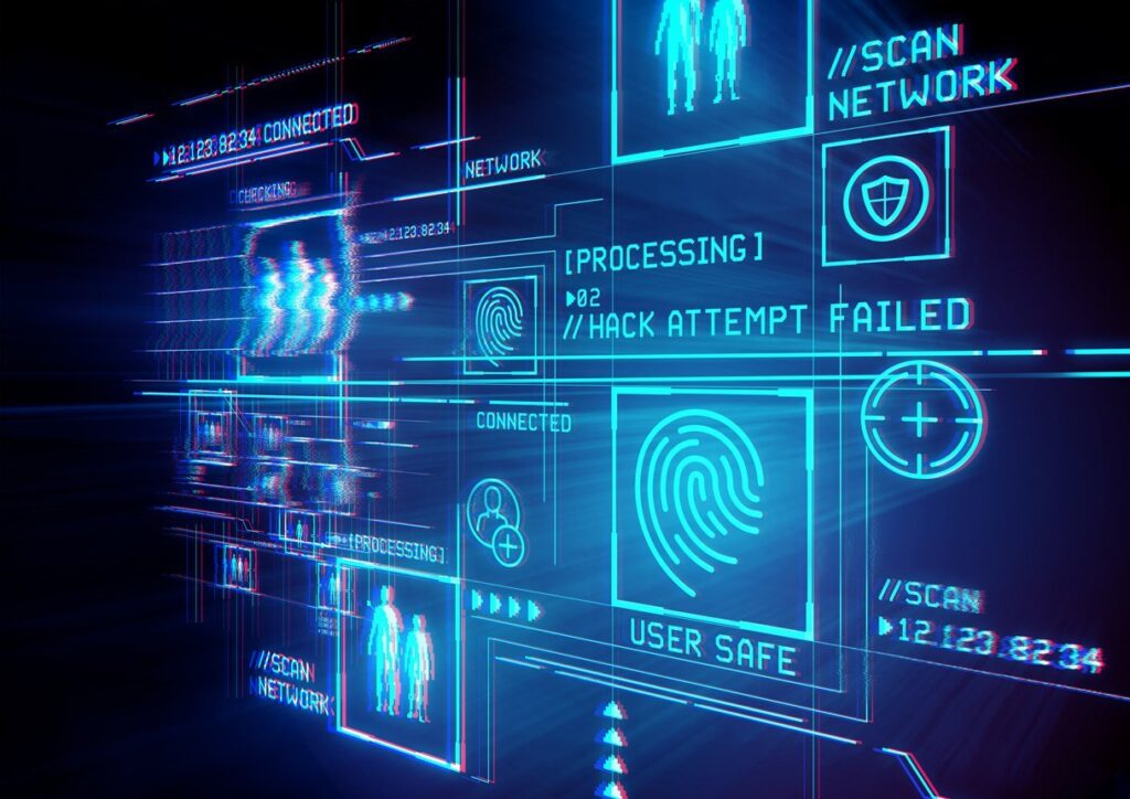 A digital interface showing blue neon graphics representing network security. Elements include a fingerprint, icons for scanning networks, a warning of a failed hack attempt, and labels like "User Safe" and "Connected." Glowing lines connect the various elements. | FintechZoom