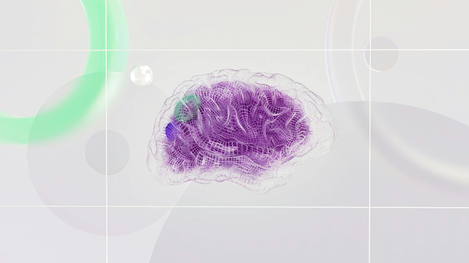 Digital illustration of a brain composed of interconnected purple and white lines and textures, set against a light grey background featuring abstract circular shapes in varying shades of green and grey, seamlessly combining the innovative design elements with the precision of EssayService AI. | FintechZoom