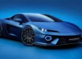 Lamborghini Temerario car with a blue exterior is showcased against a gradient blue background. The car features an aerodynamic design, angular headlights, and stylish alloy wheels. A license plate on the front reads "TEMERRARIQ. | FintechZoom