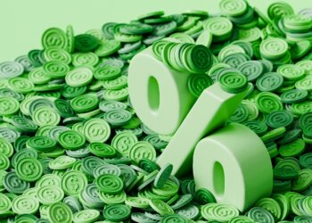 An oversized green percent symbol sits amid a pile of green coins with dollar signs, emphasizing a financial theme. The background and colors are uniformly green, showcasing a vibrant, monetary concept, perfect for illustrating the best CD rates available. | FintechZoom
