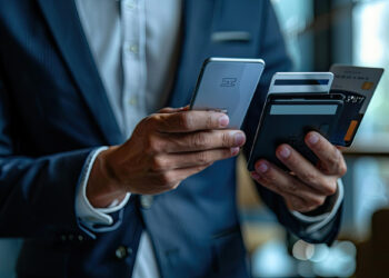 A person wearing a suit holds a smartphone in one hand and a wallet with several credit cards partially visible in the other hand. The background is blurred, emphasizing the focus on the hands and the items they are holding. | FintechZoom