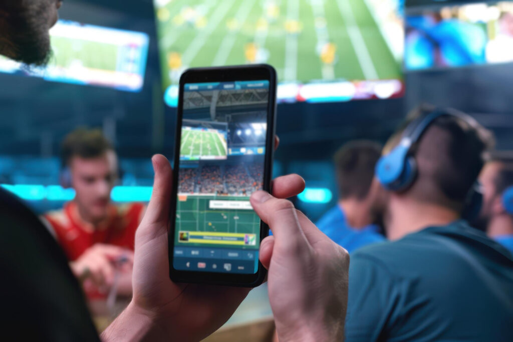 Close-up of hands holding a smartphone displaying a football game. In the background, multiple large screens from a sports betting TV channel show a live football match. Several people, some with headphones, are seated and focused on the screens. The setting appears to be a sports bar or lounge. | FintechZoom