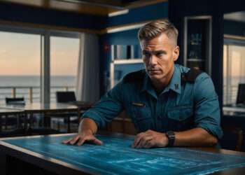 A person in a teal military uniform stands in a room with large windows and a view of the ocean. They rest one hand on a table that appears to display a large map, resembling the strategic layout of a seasoned business owner. The individual has short, neatly styled hair and a serious expression. | FintechZoom