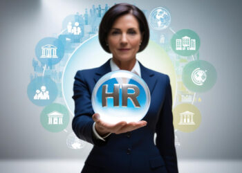 A professional woman in a dark suit holds a transparent orb with the letters "HR" inside it. Various icons related to HR in the finance industry, such as buildings, people, and graphs, are displayed in the background. | FintechZoom
