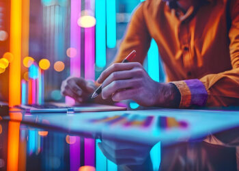 A person in an orange shirt works on a laptop with a pen in hand, surrounded by vibrant neon lights in blue, pink, and orange. A document with colorful charts on demand planning lies on the table, reflecting the lively ambient lighting. The focus is on their hands and workspace. | FintechZoom