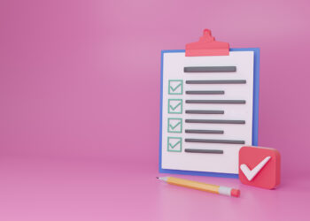 A 3D illustration of a clipboard with a questionnaire on a pink background. The checklist has green checkmarks next to each line. A yellow pencil and a red cube with a white checkmark rest beside the clipboard. | FintechZoom