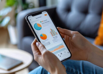 A person is holding a smartphone displaying graphs and charts in a mobile application while sitting on a gray couch with an orange pillow in the background. In the foreground, there's a table with a closed book or tablet. | FintechZoom