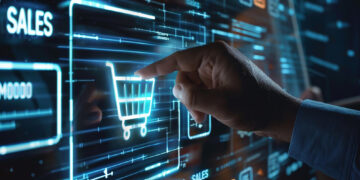 A person’s hand interacts with a digital touchscreen displaying holographic shopping cart and sales icons, representing e-commerce and online shopping. The interface includes various graphs and data visualizations in a futuristic, technological setting, epitomizing the essence of e-commerce evolution. | FintechZoom