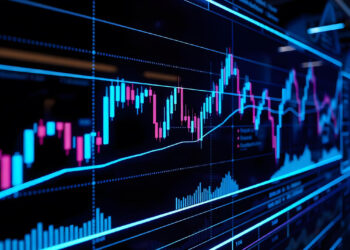 A digital stock market chart showing a fluctuating graph with blue and pink lines and various data points and metrics. The background is dark, emphasizing the glowing elements of the graph and data. Bars and dotted lines indicate trading volumes, trends, and best forex signals for traders. | FintechZoom