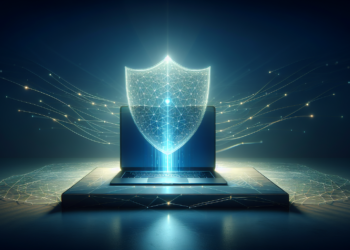 A glowing, futuristic shield hovers in front of an open laptop, symbolizing cybersecurity and data protection. Digital lines and particles surround the shield, adding a high-tech feel to the dark, abstract background. | FintechZoom