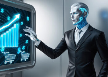 A humanoid robot in a suit interacts with a digital display showing a rising bar chart and symbols of currency and shopping carts, symbolizing financial growth, investment, and e-commerce. The robot has a metallic body with blue illuminated circuits on its face and hand. | FintechZoom