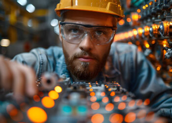 A worker in a hard hat and safety glasses closely examines machinery with glowing orange lights. The setting appears to be an industrial or manufacturing environment, with various mechanical components and a blurred background, highlighting the importance of identifying manufacturing defects to prevent product liability claims. | FintechZoom