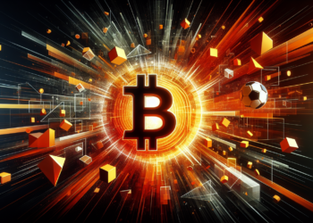A dynamic digital illustration of a Bitcoin symbol at the center, radiating energy beams and digital elements. Surrounding it are geometric shapes and a soccer ball, signifying the Cryptocurrency Revolution in Betting and sports. The background is dark with vivid light effects. | FintechZoom