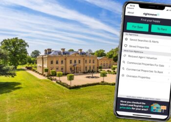A large, luxurious estate with manicured gardens and trees is shown in the background. In the foreground, a smartphone screen displays the Rightmove app interface, highlighting options for properties "For Sale" and "To Rent," reflecting the sophistication of a FTSE 100 company with various other search features. | FintechZoom