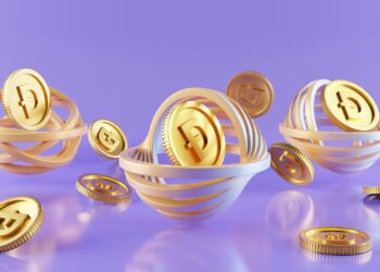 Digital rendering of multiple spinning rings holding golden coins with the "D" symbol, representing cryptocurrency. The background is a smooth gradient of purple shades, adding a modern and futuristic feel to the composition—illustrating how crypto casinos are helping to boost crypto's appeal. | FintechZoom