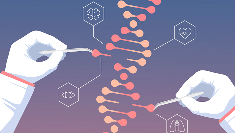 Illustration of two gloved hands using tweezers to manipulate a DNA double helix. Surrounding the DNA are icons representing brain, heart, eye, and lung health, suggesting genetic modification or research in medical science. | FintechZoom