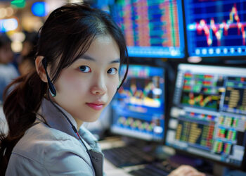 A woman wearing a headset looks at the camera in a room filled with large monitors displaying stock market data and charts. The screens, buzzing with activity, showcase Asian Markets today, highlighting various graphs and numbers in a busy trading environment. | FintechZoom