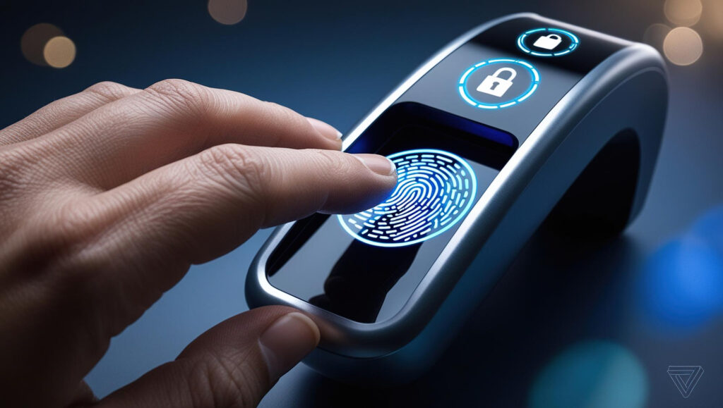 A finger presses on a futuristic, curved touch device with a glowing digital fingerprint scanner. The display also shows lock icons, suggesting security or authentication features. The background is softly blurred with small bokeh lights. | FintechZoom