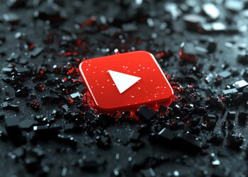 A glossy, three-dimensional YouTube play button logo sits on a dark surface, surrounded by scattered black shards. This striking contrast with the bright red central icon is reminiscent of the intricate algorithms used in YouTube data scraping tools to uncover hidden insights. | FintechZoom