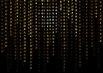 Golden, illuminated characters and symbols cascade against a black backdrop, creating a shimmering, abstract design reminiscent of FintechZoom.com crypto analytics. The diverse characters, including letters and geometric shapes, are densely clustered at the top and disperse toward the bottom. | FintechZoom