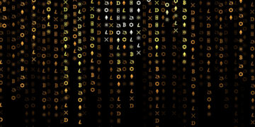 Golden, illuminated characters and symbols cascade against a black backdrop, creating a shimmering, abstract design reminiscent of FintechZoom.com crypto analytics. The diverse characters, including letters and geometric shapes, are densely clustered at the top and disperse toward the bottom. | FintechZoom