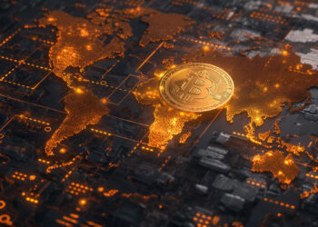 A digital rendering of a Bitcoin coin overlaid on a world map. The map is marked with glowing orange lights and lines, symbolizing global digital connections and cryptocurrency networks. Prominently displayed in the center, the Bitcoin logo represents the fusion of Crypto FintechZoom innovation. | FintechZoom