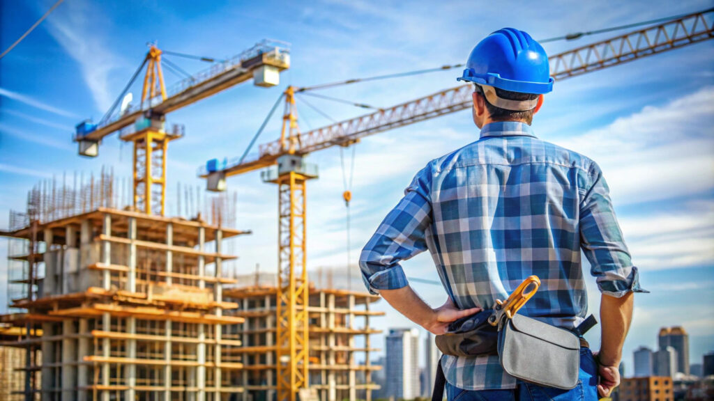 A construction worker wearing a blue hard hat and tool belt stands with arms akimbo, observing a bustling commercial real estate site. Several cranes are in operation against the blue sky, with partially constructed buildings towering in the background. | FintechZoom