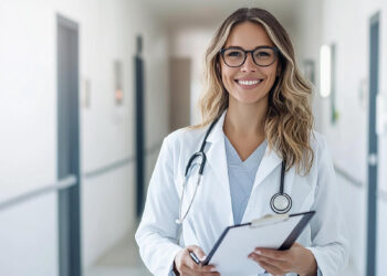 A smiling doctor with long hair and glasses, wearing a white coat and stethoscope, holds a clipboard in a well-lit hallway, ready to review any critical details to avoid anesthesia errors. | FintechZoom