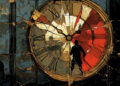 A silhouette of a person stands on the hands of a large, broken clock face, embodying an artful depiction of time's relentless passage. The cracked clock, marked with Roman numerals and a red section on the right, emerges from a grungy background that suggests decay. | FintechZoom