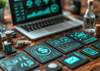 A workspace features a laptop displaying digital charts and graphs. Nearby, several wooden tiles with financial icons are arranged, surrounded by stacks of coins, a glass bottle, a cup, and a notebook—an ideal setup for utilizing fintech tools to enhance the financial planning theme. | FintechZoom