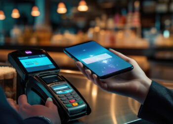 A person holds a smartphone with a payment app open, poised to make a contactless payment at a terminal. The setting is a warmly lit cafe or restaurant, reflecting the ease and convenience of participating in a cashless society, with lights and other patrons gently blurred in the background. | FintechZoom