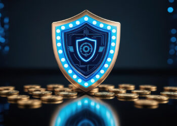 A glowing digital shield with circuit patterns and blue lights stands amidst scattered gold coins on a reflective surface. Symbolizing cybersecurity and anonymity in cryptocurrency, its futuristic design is set against a dark, blurred background, hinting at the secure realms of digital finance. | FintechZoom