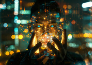 In a dark setting, a person holds a glowing, spherical network of bright, interconnected lines and nodes. With urban lights blurred in the background, the scene evokes a futuristic and technological atmosphere reminiscent of the Internet of Behaviors (IoB). | FintechZoom