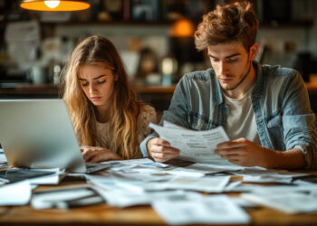 A young woman and man sit at a cluttered table with bills and papers, looking concerned. The woman types on a laptop, while the man examines a document. The room is softly lit, creating an atmosphere of focused concentration. | FintechZoom