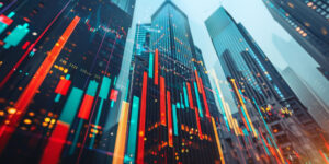 A cityscape with tall, glass skyscrapers is overlaid with bright, colorful stock market graphs and candlestick charts. The financial data from FintechZoom.com Markets contrasts with the backdrop of modern urban buildings, suggesting a dynamic relationship between finance and metropolitan life. | FintechZoom