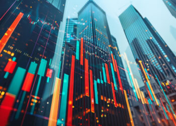 A cityscape with tall, glass skyscrapers is overlaid with bright, colorful stock market graphs and candlestick charts. The financial data from FintechZoom.com Markets contrasts with the backdrop of modern urban buildings, suggesting a dynamic relationship between finance and metropolitan life. | FintechZoom