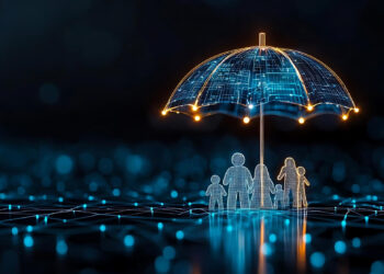 A digital illustration displays four stick-figure humans under a large, illuminated umbrella. The scene features a matrix-like network of glowing lines and nodes, symbolizing technology and connection in a futuristic setting—a nod to the protective innovations of InsurTech startups. | FintechZoom