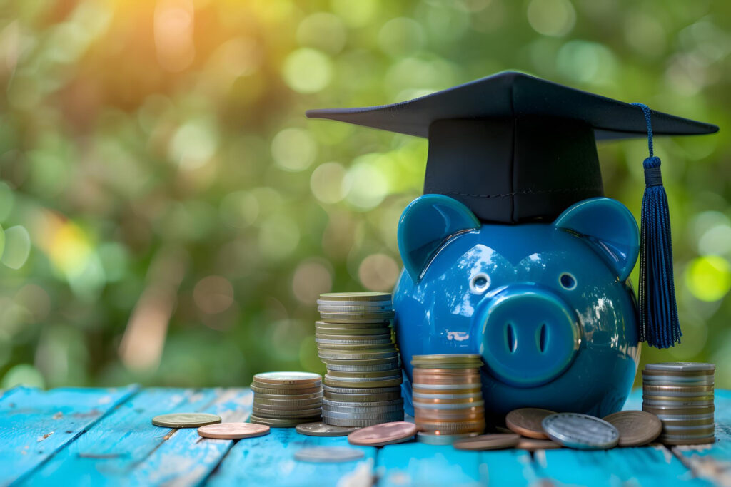 A blue piggy bank wearing a graduation cap is surrounded by stacks of coins on a wooden surface, representing the daunting challenge of student loans. The background is an outdoor scene with blurred green foliage and sunlight filtering through. | FintechZoom