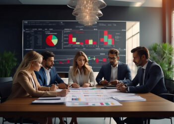 A group of five business professionals from the Haypp Group is seated around a conference table, analyzing documents and charts. A large screen with data visualizations is in the background. The room boasts a modern design with natural lighting and plants, creating a vibrant setting for collaboration. | FintechZoom