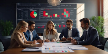 A group of five business professionals from the Haypp Group is seated around a conference table, analyzing documents and charts. A large screen with data visualizations is in the background. The room boasts a modern design with natural lighting and plants, creating a vibrant setting for collaboration. | FintechZoom