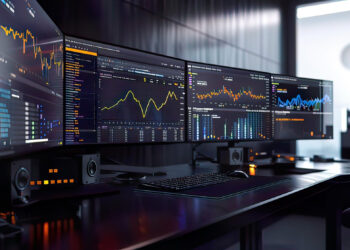 A dimly lit office features a sleek desk with three large computer monitors displaying various digital graphs and charts, hinting at a Solana-focused financial or data analysis environment, complete with a keyboard and speakers strategically placed on the desk. | FintechZoom