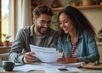 A couple sits at a table reviewing personal loan documents, smiling. They are surrounded by papers and a laptop in a cozy, well-lit room with plants and shelves in the background. Natural light from a window enhances the warm atmosphere. | FintechZoom
