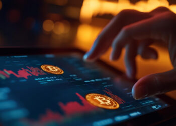 A close-up of a person's hand interacting with a digital tablet displaying cryptocurrency market data. The tablet shows Bitcoin symbols and fluctuating price charts against a blurred background with yellow lighting, capturing the essence of FintechZoom.com Crypto News. | FintechZoom