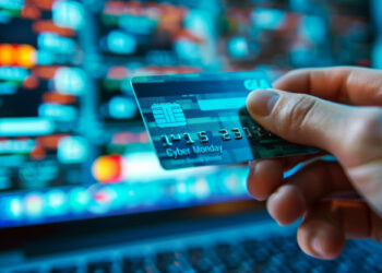 A hand holds a credit card in front of a computer screen displaying colorful, blurred financial data. The card features the phrase "Cyber Monday," indicating online shopping or a digital commerce theme. | FintechZoom