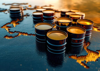 Barrels of crude oil are placed on a reflective surface designed to resemble a world map. Some areas of the map appear melted or liquid-like, creating a surreal effect. The image likely represents global oil distribution or environmental impact, possibly highlighting issues discussed on FintechZoom.com Crude. | FintechZoom