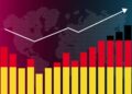 A bar graph with columns in the colors of the German flag (black, red, yellow) in ascending order is superimposed on a dotted world map. Above the bars, a white line graph with data points rises, suggesting an upward trend. This visually reflects FintechZoom.com DAX40 analytics. | FintechZoom
