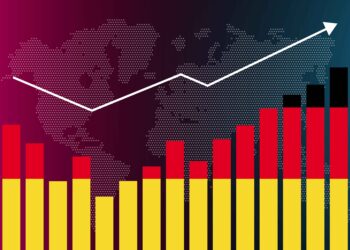 A bar graph with columns in the colors of the German flag (black, red, yellow) in ascending order is superimposed on a dotted world map. Above the bars, a white line graph with data points rises, suggesting an upward trend. This visually reflects FintechZoom.com DAX40 analytics. | FintechZoom