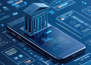 A smartphone displays digital financial data and graphs on its screen. A miniature, 3D-rendered bank building sits atop the phone, symbolizing online banking and digital finance. The background includes various data charts and graphs in a blue, tech-oriented aesthetic from FintechZoom.com Banking. | FintechZoom